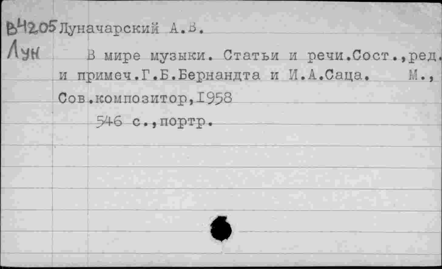 ﻿£>И2.о!>Луначарский А.В.
Дук В мире музыки. Статьи и речи.Сост и примеч.Г.Б.Бернандта и И.А.Саца. Сов.композитор,1958
546 с.,портр.